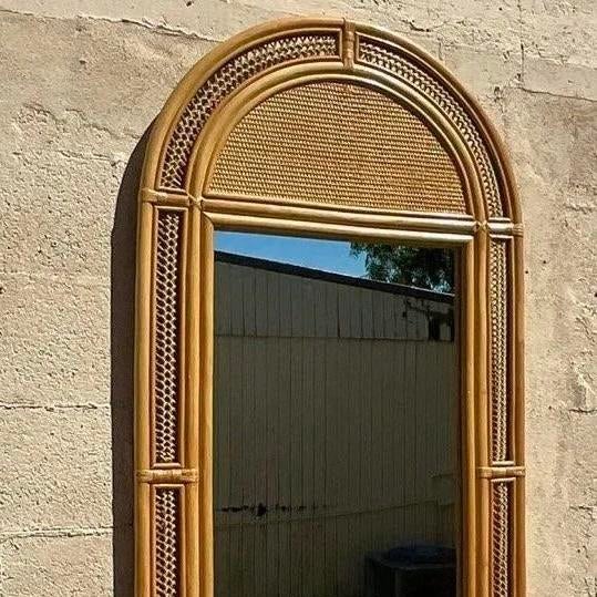 Wood Vintage Arched Woven Rattan Mirror For Sale - Image 7 of 8