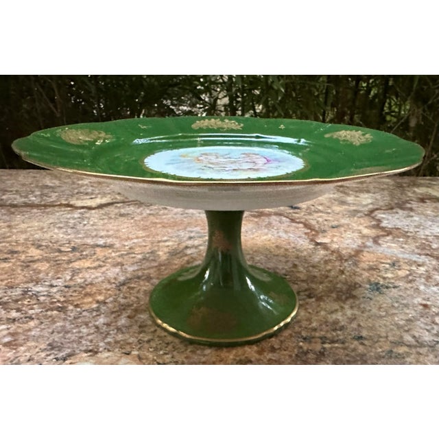 Ceramic Vintage French Hand Painted Cherubs Gold Gilt Pedestal Green Porcelain Cake Plate Stand For Sale - Image 7 of 12