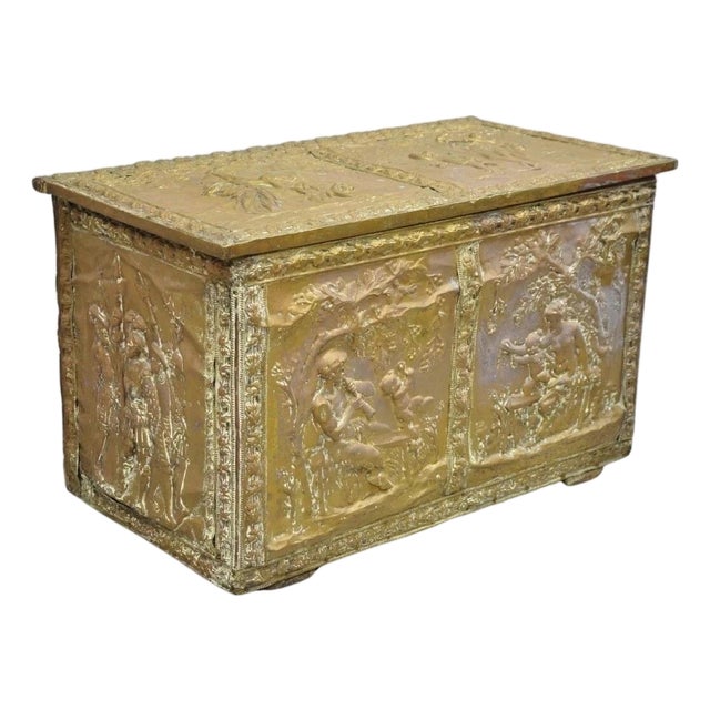 Antique English Victorian Brass Figural Repousse Coal Bin Storage Blanket Chest For Sale