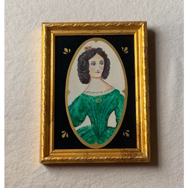 Folk Art Portrait of Lady in Emerald Green Dress - Gilded Frame For Sale - Image 6 of 15