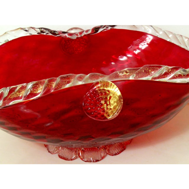 Vintage 1960s Bohemian Cranberry Crystal Decanter & Murano Gold Flake Ruby Glass Bowl Set – Barware Vignette For Sale - Image 11 of 17
