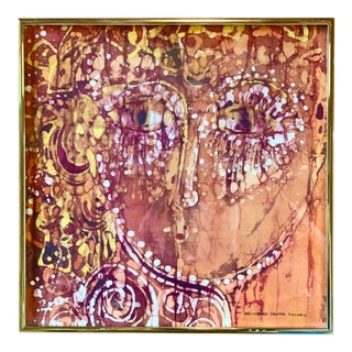 1970's Vintage Abstract Face Indonesian Batik Framed Textile Art For Sale