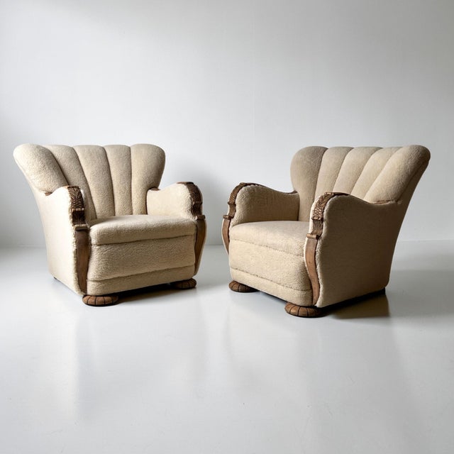 Art Deco Danish Scallop Back Oak and Sherpa Wool Armchairs, 1930s, Set of 2 For Sale - Image 11 of 13
