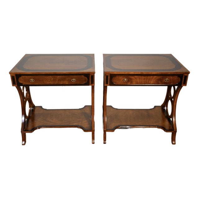 1980s Maitland Smith Regency Style Mahogany Banded Rosewood Pair Side Tables / End Tables For Sale