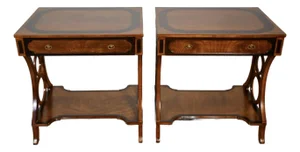 1980s Maitland Smith Regency Style Mahogany Banded Rosewood Pair Side Tables / End Tables