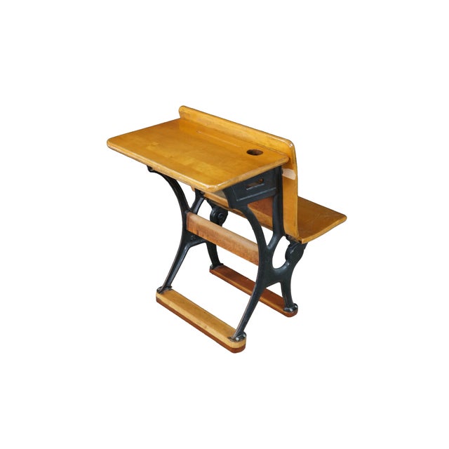 American Antique American Solid Maple Classroom School Desk Cast Iron Flip-Up Chair Combo For Sale - Image 3 of 18