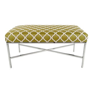 Contemporary Tufted Moss Green Metal Bench For Sale