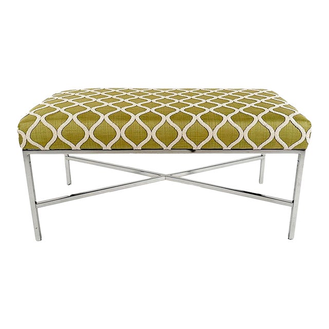 Contemporary Tufted Moss Green Metal Bench For Sale