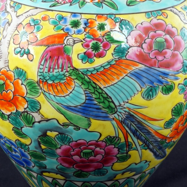 Yellow Japanese Polychrome Jar Pheasant and Phoenix Circa 1930 For Sale - Image 8 of 12