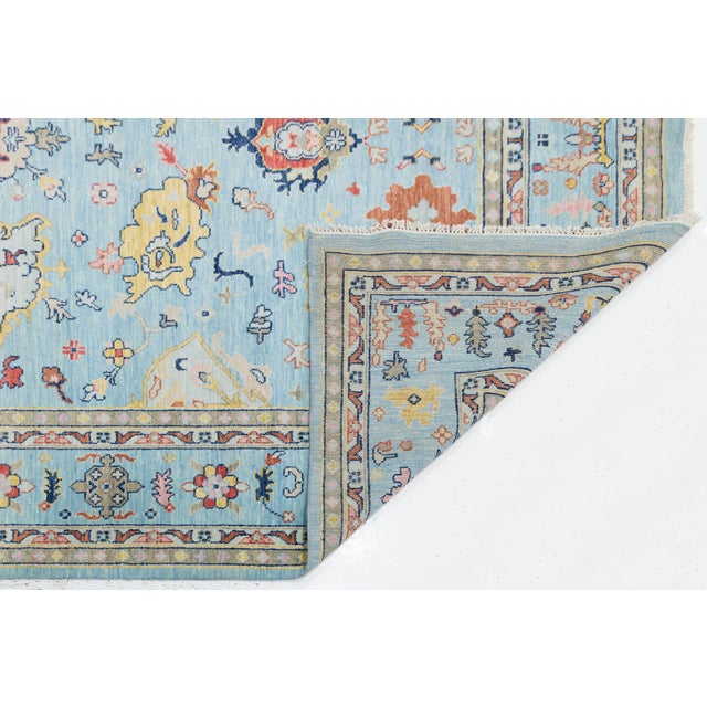 Modern 10x14 Modern Oushak Style Hand-Knotted Wool Area Rug in Sky Blue With Terracotta For Sale - Image 3 of 12