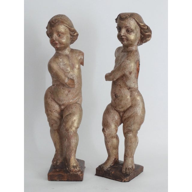 Antique Italian Carved Wood Gilt Putti Angels Sculptures, S/2 For Sale - Image 6 of 11