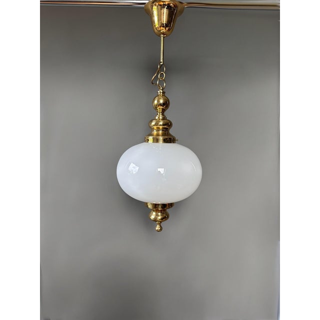 Vintage Pendant Lamp with Opal Glass Globe and Brass Details, 1970s For Sale - Image 6 of 8