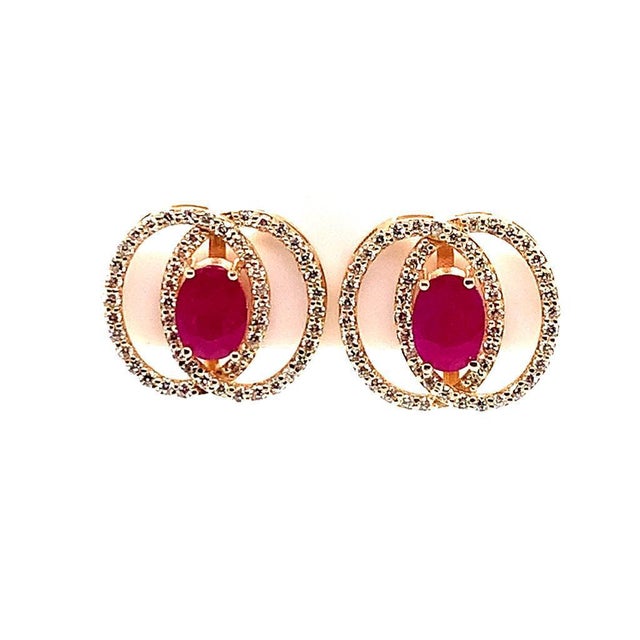 Diamond Ruby Stud Earrings 14 Karat Yellow Gold 2.41 TCW Certified For Sale - Image 11 of 17