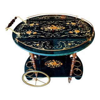 1980s Italian Blue & Gold Marquetry Bar Cart For Sale