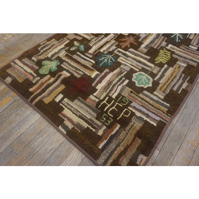 Lofty Brown Color Background With Floral and Symmetrical Patters Design Vintage American Hooked Rug For Sale - Image 12 of 13