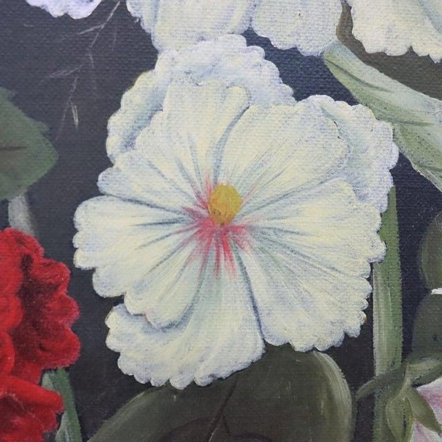 Unsigned Oil on Canvas Floral Painting of Garden Hollyhocks With Bees C1900 For Sale - Image 6 of 17
