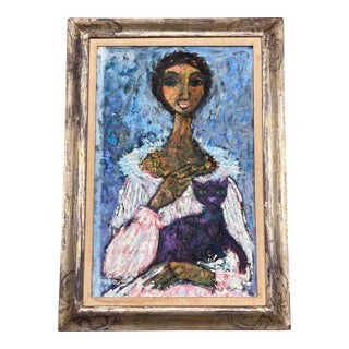 1960’s Original Abstract Expressionist Portrait of Woman With Her Cat Fancy Silver Leaf Frame For Sale