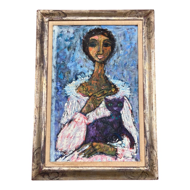 1960’s Original Abstract Expressionist Portrait of Woman With Her Cat Fancy Silver Leaf Frame For Sale