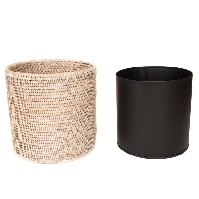 Boho Chic Artifacts Rattan Round Waste Basket with Metal Liner in White Wash - 11" For Sale - Image 3 of 7