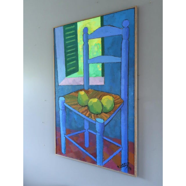 1970s 1978 Modernist 'Still Life With Blue Chair' Vintage Original Interiors Oil Painting, Framed For Sale - Image 5 of 14