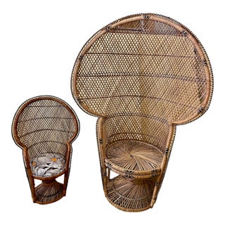 Mommy & Me Pr Small Large Rattan Emmanuelle Fan Peacock Bohemian Wicker Chairs For Sale