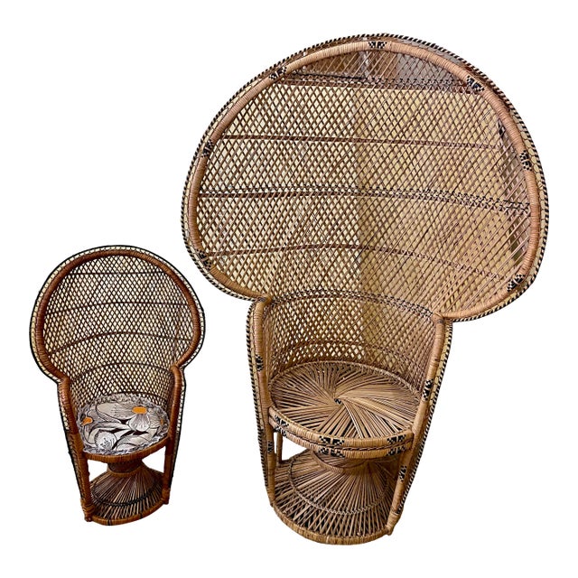Mommy & Me Pr Small Large Rattan Emmanuelle Fan Peacock Bohemian Wicker Chairs For Sale