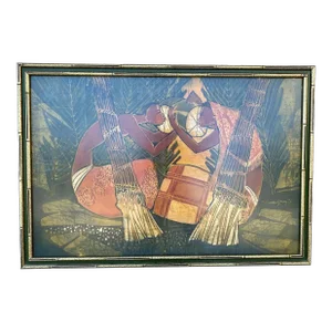 1970s Mid Century Signed Batik Under Glass in Faux Bamboo Frame
