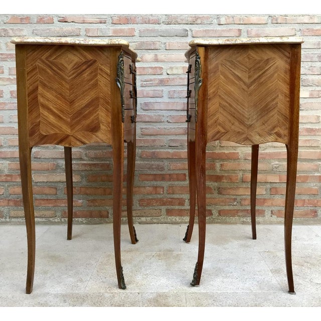 Wood Mid-Century Bedside Tables in French Walnut With Marquetry & Marble Top, Set of 2 For Sale - Image 7 of 14