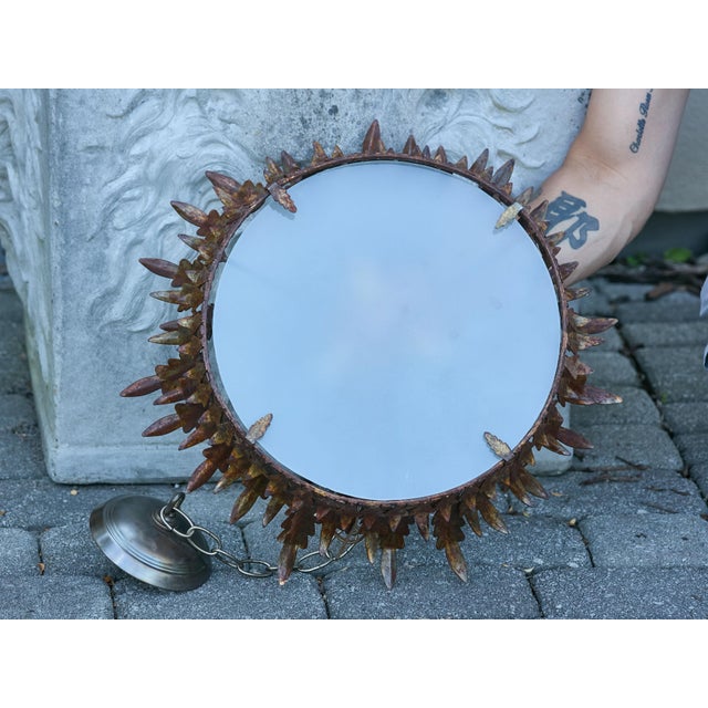 Gold Mid 20th Century Spanish Gilt Metal Semi-Flush Crown Chandelier with Curving Foliage For Sale - Image 8 of 12