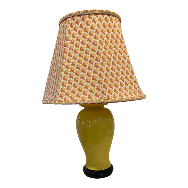 1970s Yellow Lamp With Custom Shade, Wood Stained Base For Sale