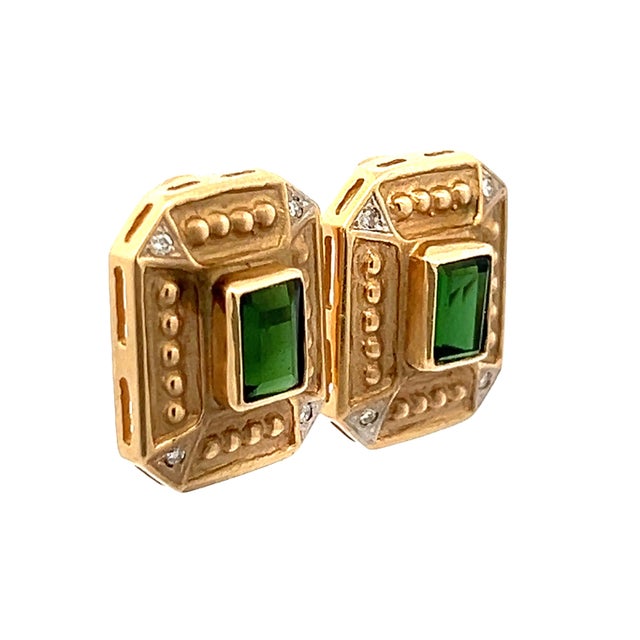 1980s Italian 14k Gold Green Tourmaline & Diamond Earrings, Pair For Sale In Miami - Image 6 of 9