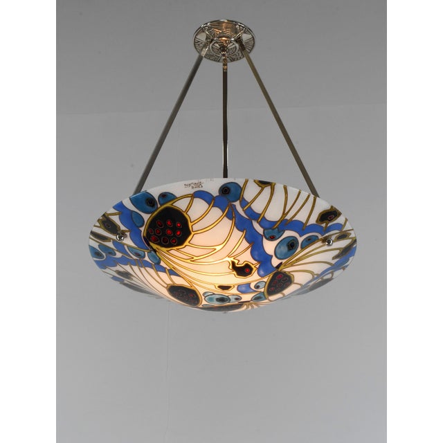 French Art Deco Pendant Light by Maxonade 1930s - Butterfly Motif Enamelled Bowl For Sale - Image 4 of 13
