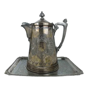 Antique Victorian Parker & Casper, Co W.Meriden Ct Silver Plated Insulated Tankard Pitcher With Tray 1869- 2 Pieces