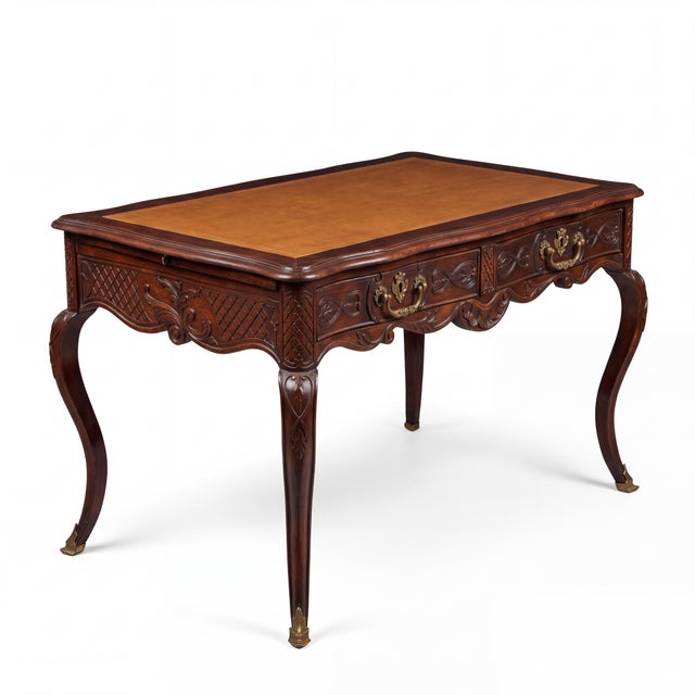 18th-C. French Louis XV Style Carved Oak Tooled Leather & Bronze Writing Desk / Table For Sale - Image 14 of 14