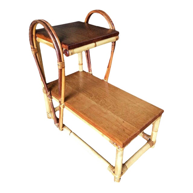 Restored Rattan Tear Drop Rattan Table W/ Mahogany Tops For Sale