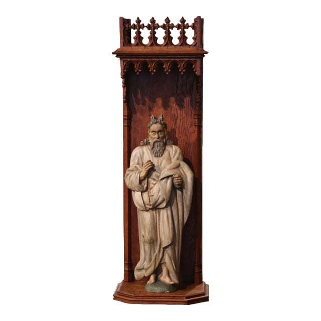 18th Century French Polychrome Carved Moses Sculpture in Gothic Oak Shrine For Sale