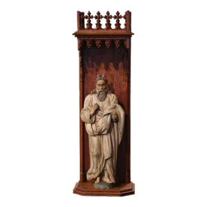 18th Century French Polychrome Carved Moses Sculpture in Gothic Oak Shrine