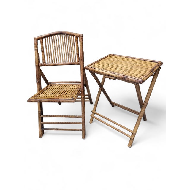 MCM British Colonial Style Bamboo Folding Chairs With 2 Side Tables For Sale - Image 4 of 7