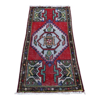 1950s Turkish Vintage Hand Knotted Geometric Doormat Rug For Sale