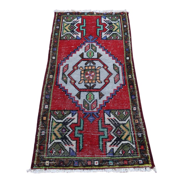 1950s Turkish Vintage Hand Knotted Geometric Doormat Rug For Sale
