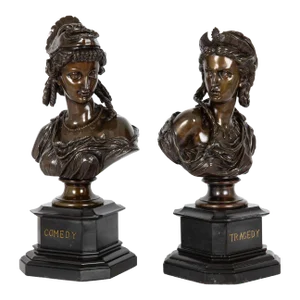 Pair of French Bronze Sculptures Busts “Comedy & Tragedy” by Eugene Laurent
