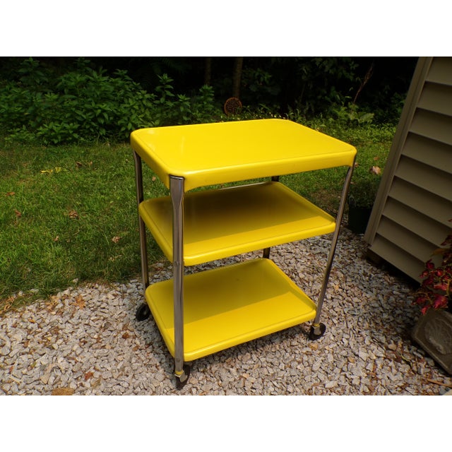 Vintage Industrial Yellow Cosco Chrome Kitchen 3 Shelf Utility Cart With Wheels For Sale In Boston - Image 6 of 18