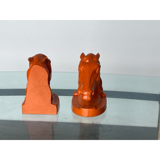 Mid-Century Modern 1970s Pair of Orange Lacquered Horse Head Bookends For Sale - Image 3 of 7