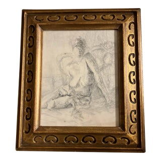 1970’s Original Abstract Female Nude Charcoal Drawing Vintage Gold Frame For Sale
