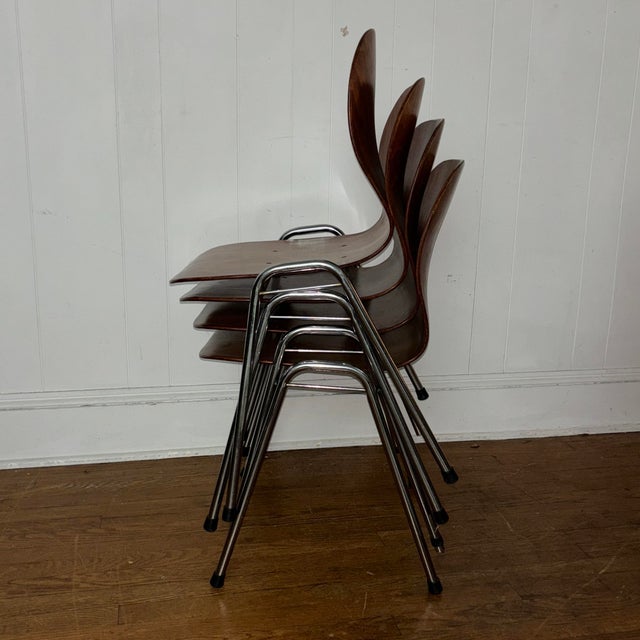 Chrome Vintage Bentwood Stacking Chairs – Danish Modern Style, Chrome Frame (Set of 4) For Sale - Image 8 of 11