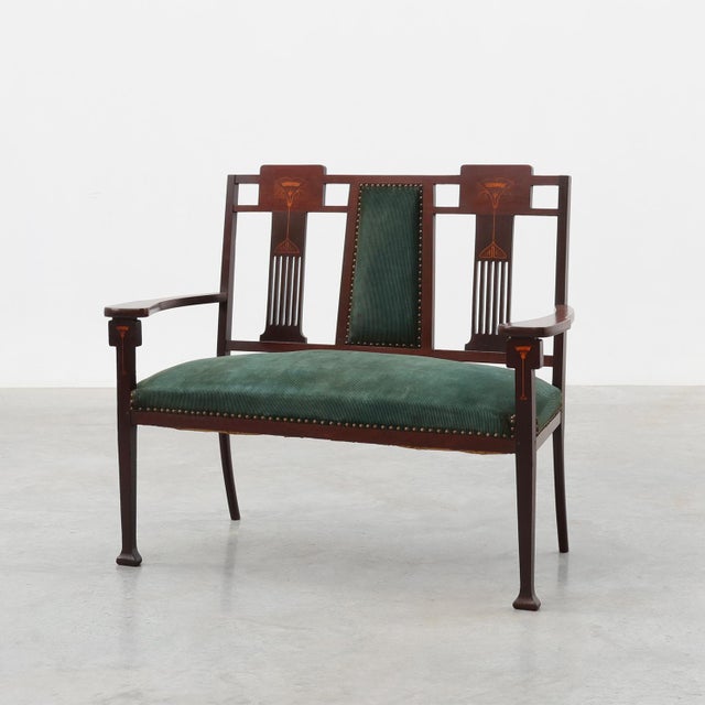 Art Nouveau Walnut Settee with Floral Marquetry, Belgium, 1890s For Sale - Image 15 of 15
