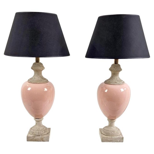 Beige Travertine and Ceramic Pink Table Lamps, Italy, 1980s, Set of 2 For Sale - Image 8 of 8