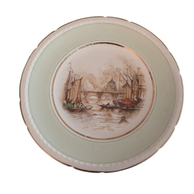 1940s Swinnertons Staffordshire London Docks 1830 Green Rim Majestic Vellum Dinner Display Plate For Sale