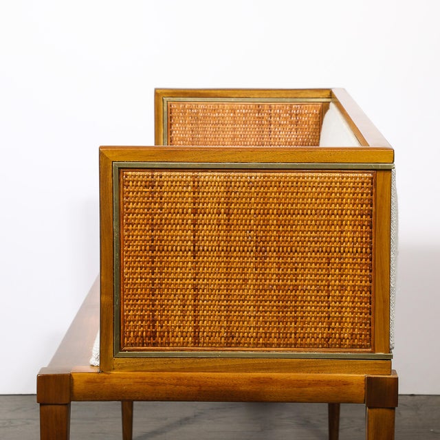 Mid-Century Brass Lined Walnut Settee W/ Cane Detailing & Holly Hunt Upholstery For Sale - Image 9 of 18
