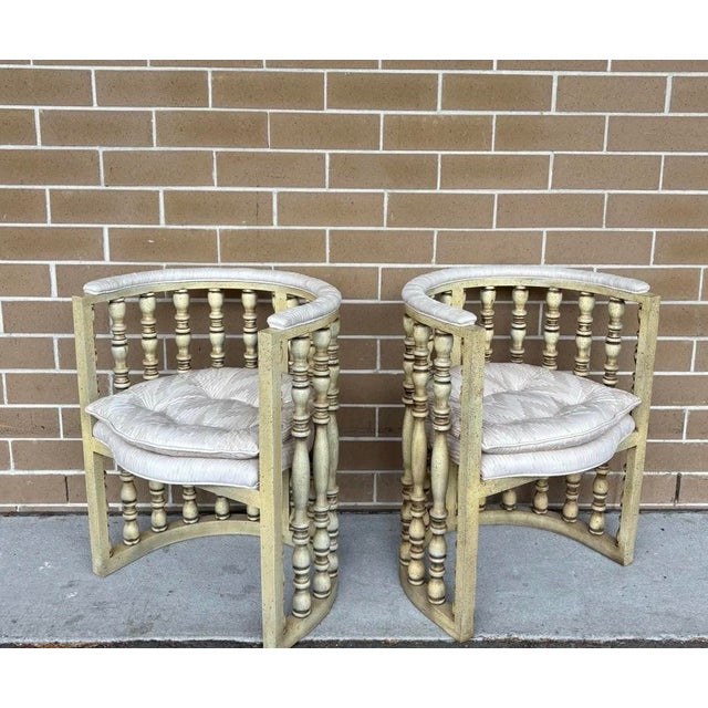 Cream Vintage Hollywood Regency Distressed Cream Washed Spindle Barrel Chairs With Chinese Horseshoe Design, a Pair For Sale - Image 8 of 11